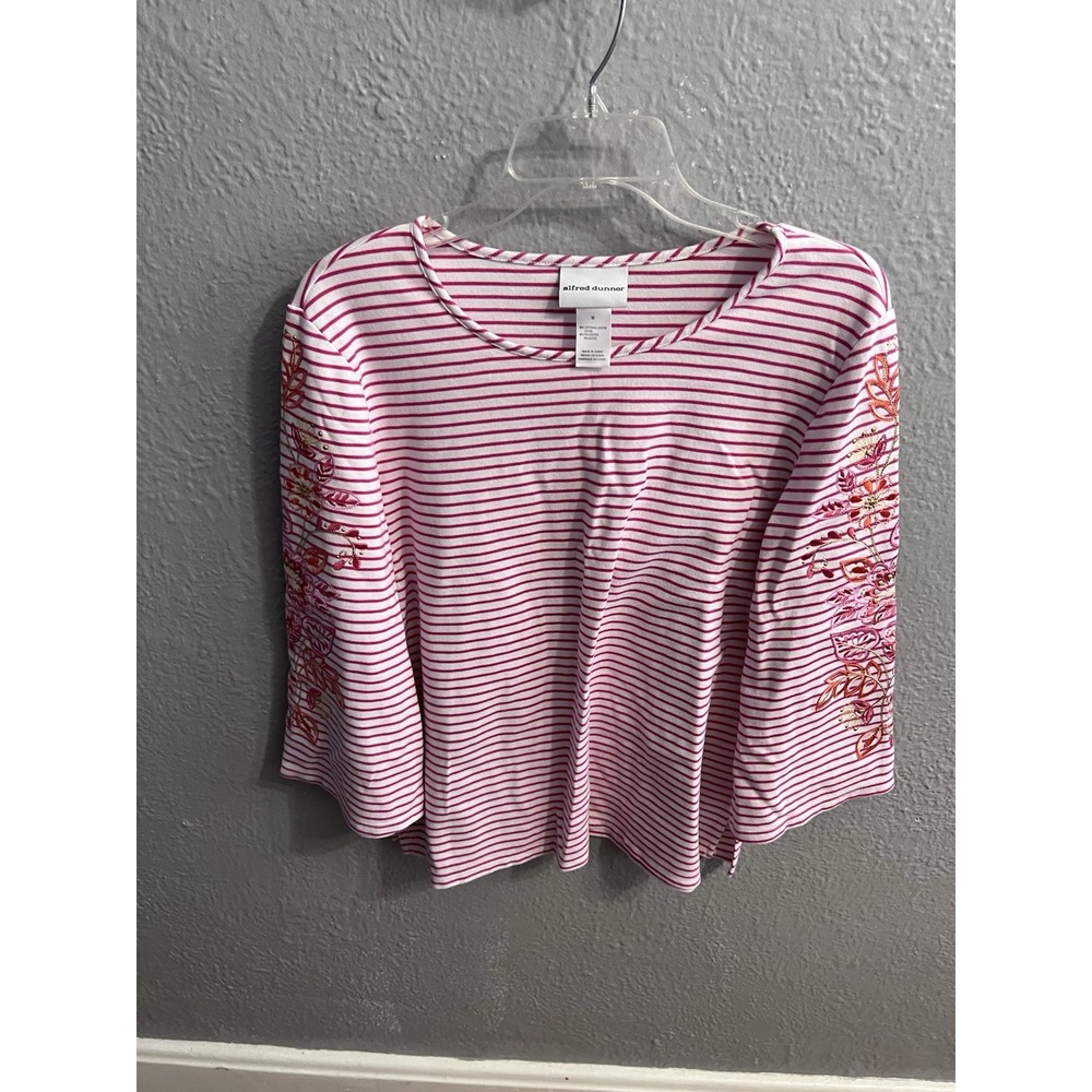 Alfred Dunner Pinkish Red White Striped 3/4 Sleeve  Shirt‎ Size Medium Women